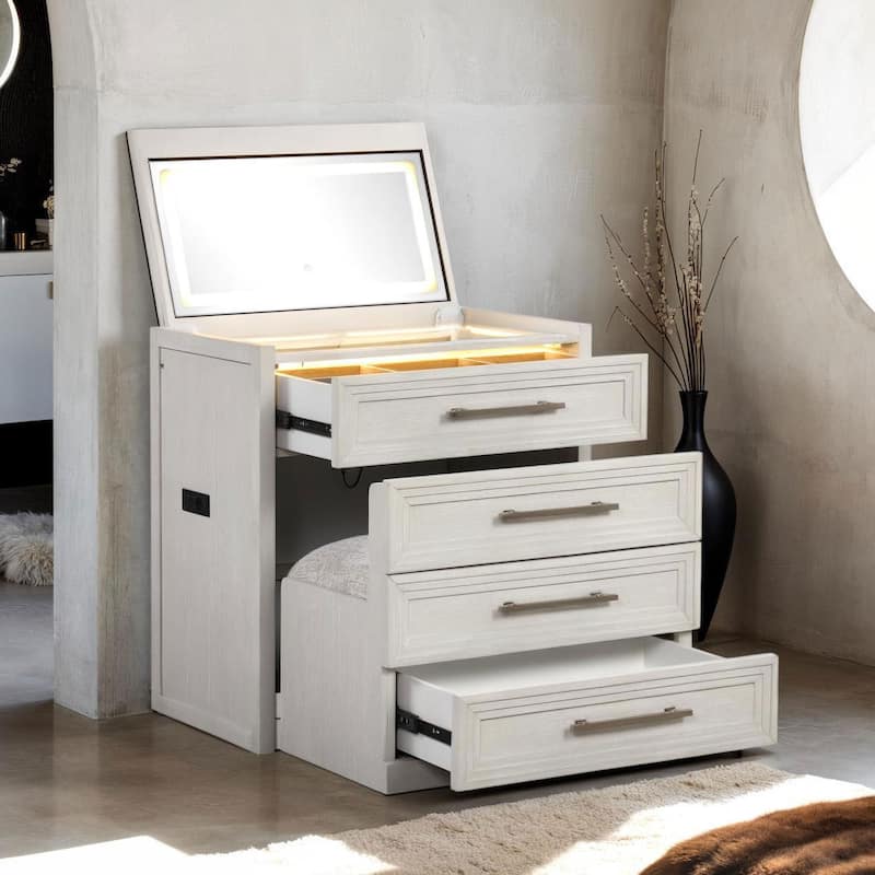 Furniture of America Elettra Modern Wood White Vanity Set with Storage Stool - White