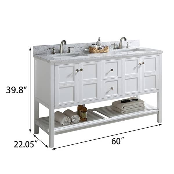 BATHLET 60 inch Double Sink White Bathroom Vanity with Open Shelf