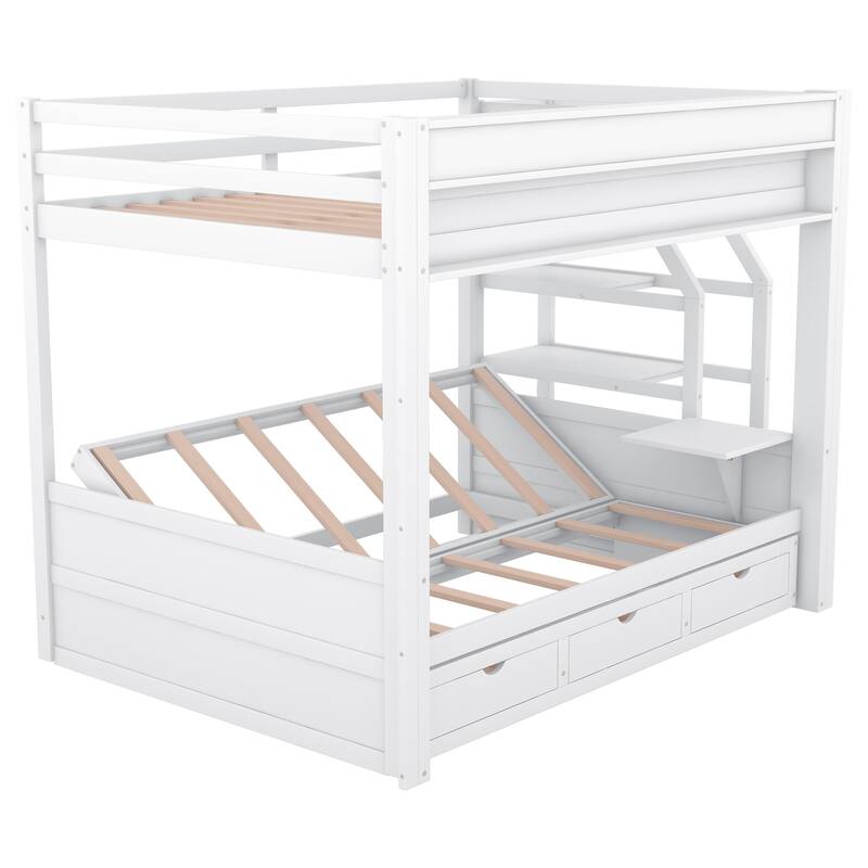 Convertible Full Size Bunk Bed with Storage Staircase, Bedside Table, and 3 Drawers, White