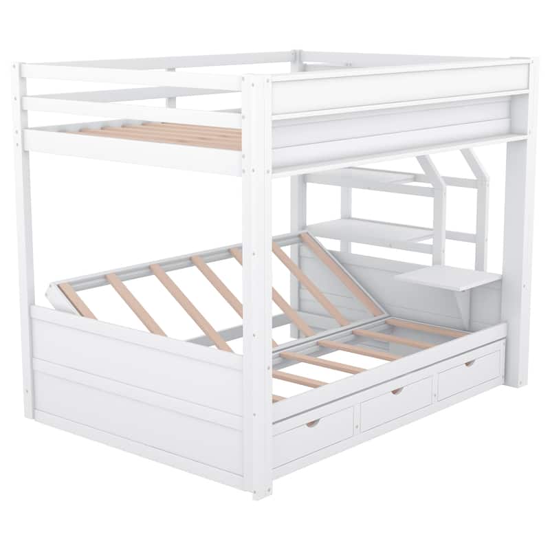 White Full Solid Wood Convertible Bunk Bed with Storage