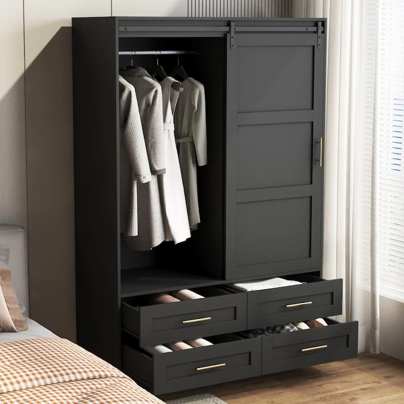 Bedroom Tall Armoire Wardrobe Closet, Sliding Barn Door Clothing Storage Cabinet with Hanging Rod, Drawers & Open Shelves, Black