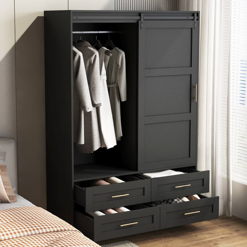 Premium Tall Bedroom Wardrobe with Sliding Barn Doors‌ – Features Hanging Rod, Drawers & Open Shelves for Versatile Storage
