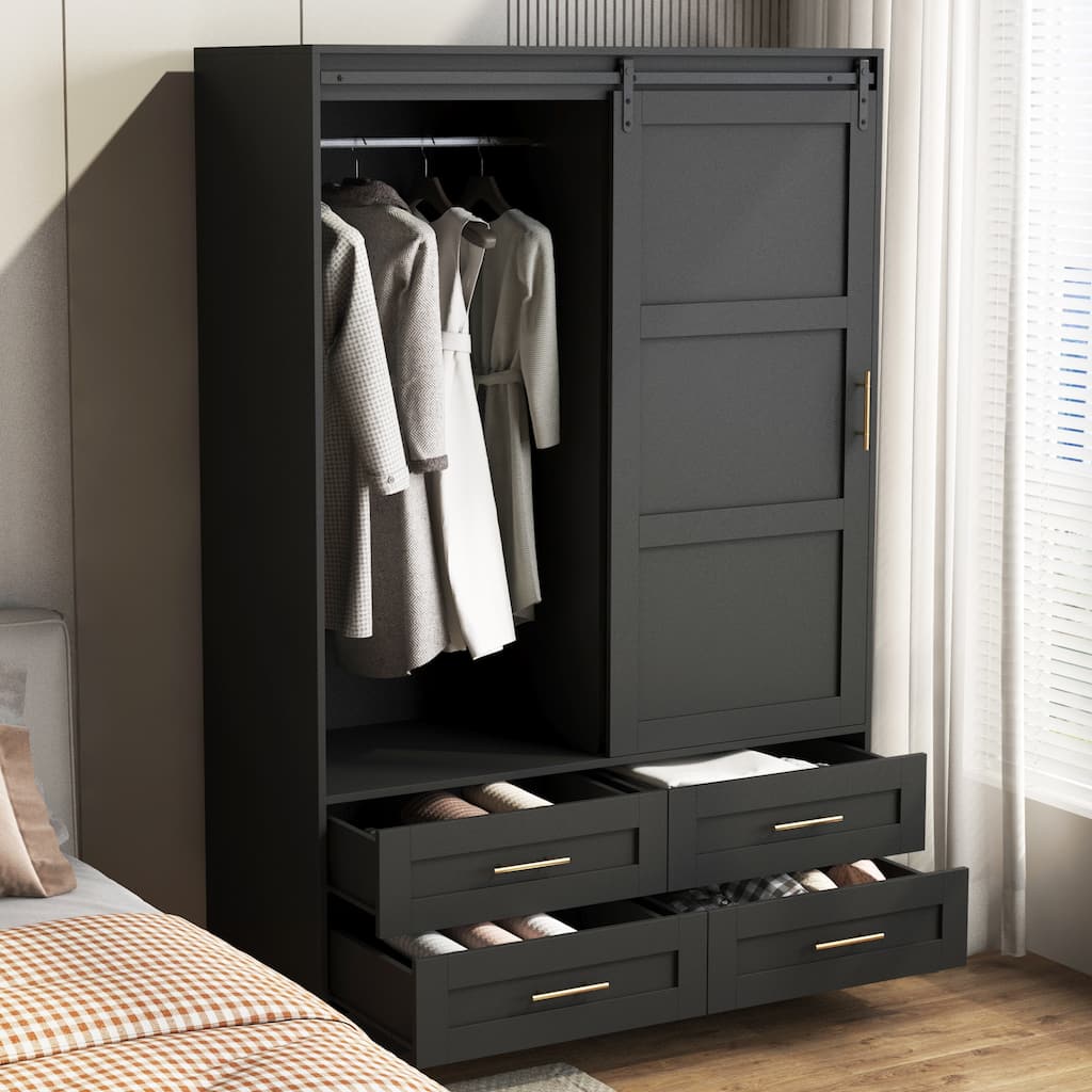 Tall Bedroom Armoire Wardrobe Closet Clothing Storage Cabinet with Hanging Rod Barn Door Drawers Open Shelves