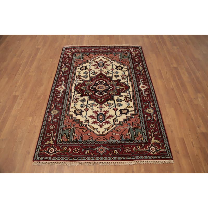 Hand Knotted Oriental 100% Wool Carpet Traditional Medallion Beige & Ivories Heriz (serapi) Area Rug - 5' 9'' X 4' 0''