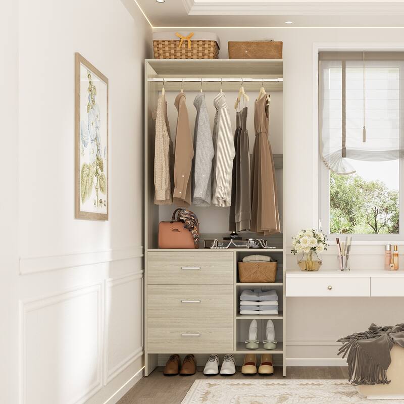 Cimly 30'' W Freestanding Closet Sytem with Hanging Rod, Closet Organizer with Drawers and Shelves