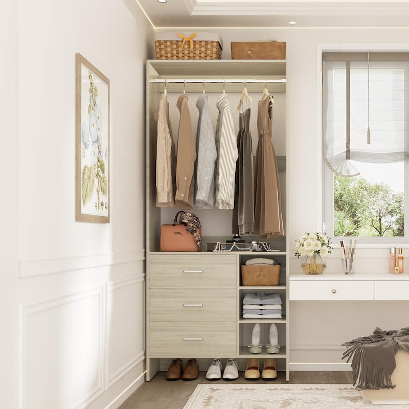 Cimly 30'' W Freestanding Closet Sytem with Hanging Rod, Closet Organizer with Drawers and Shelves - 1pc - White Oak