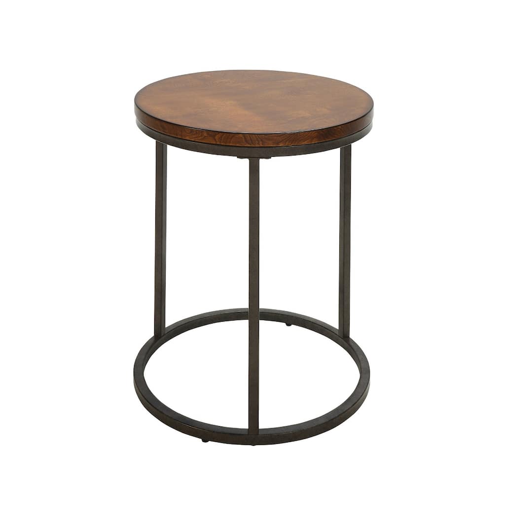 Grey Wood Round End Table with Black Iron Sled Base and Modern Accent Table