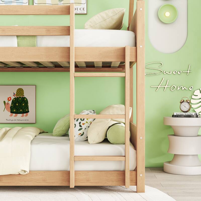Twin Over Twin House Floor Bunk Bed with Headboards, Footboards, Guardrails, and Ladder, White Oak