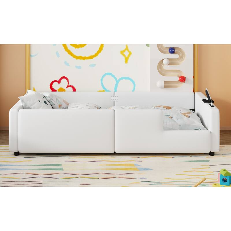 Roomfitters Twin Size Upholstered Floor Bed with USB Charging Ports and High Guardrails, Modern Padded Bed Frame