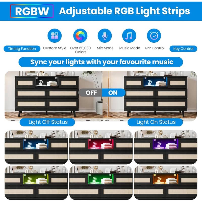 Modern Rattan 6-Drawer Dresser w/ LED Light, Deep Drawers