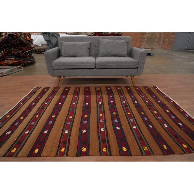 Hand Woven Oriental 100% Wool Carpet Southwestern Tribal Brown Kilim Area Rug - 7' 0'' X 5' 2''