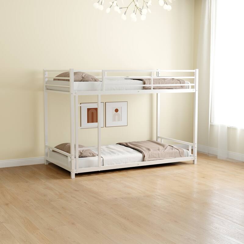 Low Bunk Bed Metal Bed Frame with Guardrail and Ladder - White - Twin