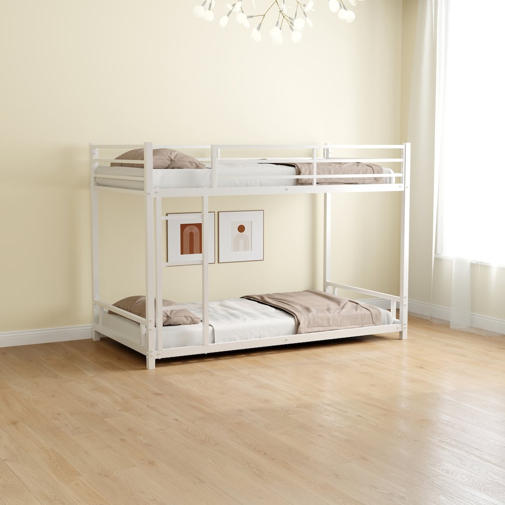 Sturdy Metal Twin over Twin Bunk Bed with Safety Guardrail, Noise Reduced, No Box Spring Needed, White