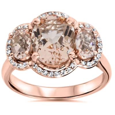 2 3/4ct Morganite 3 Stone Diamond Oval Halo Ring Rose Gold