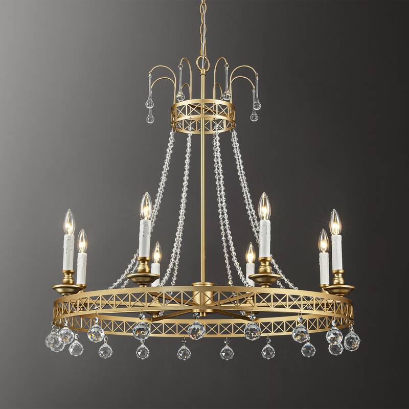 8-Light Glam Modern Wagon Wheel Gold Crystal Chandelier with Crystal Beads - 33.4 in. W x 33.8 in. H - 33.4 in. W x 33.8 in. H - Gold
