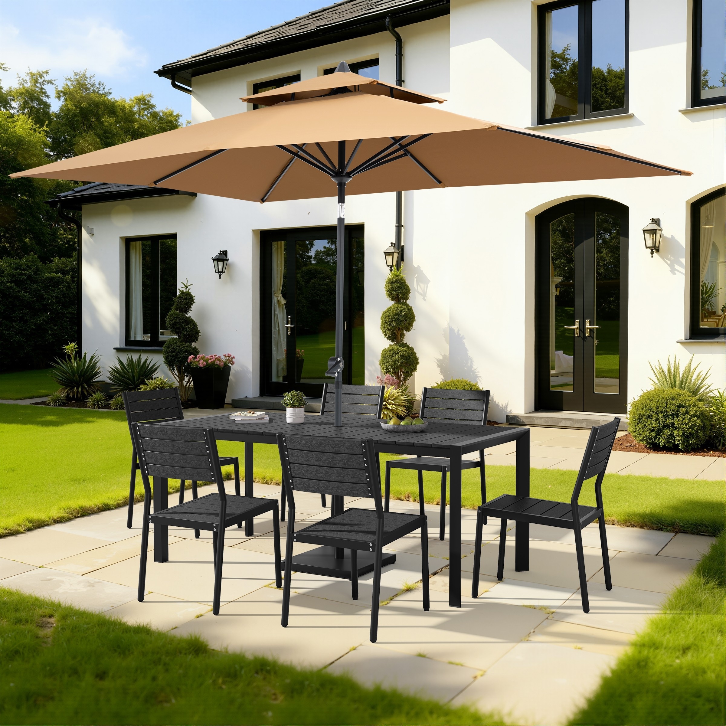 9/11-Piece Outdoor Dining Set w/10 ft Umbrella and Base Aluminum Dining Table and Stackable Chairs
