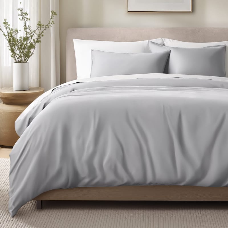 Bare Home Organic Cotton Duvet Cover Set - Smooth Sateen Weave - Light Grey - Twin