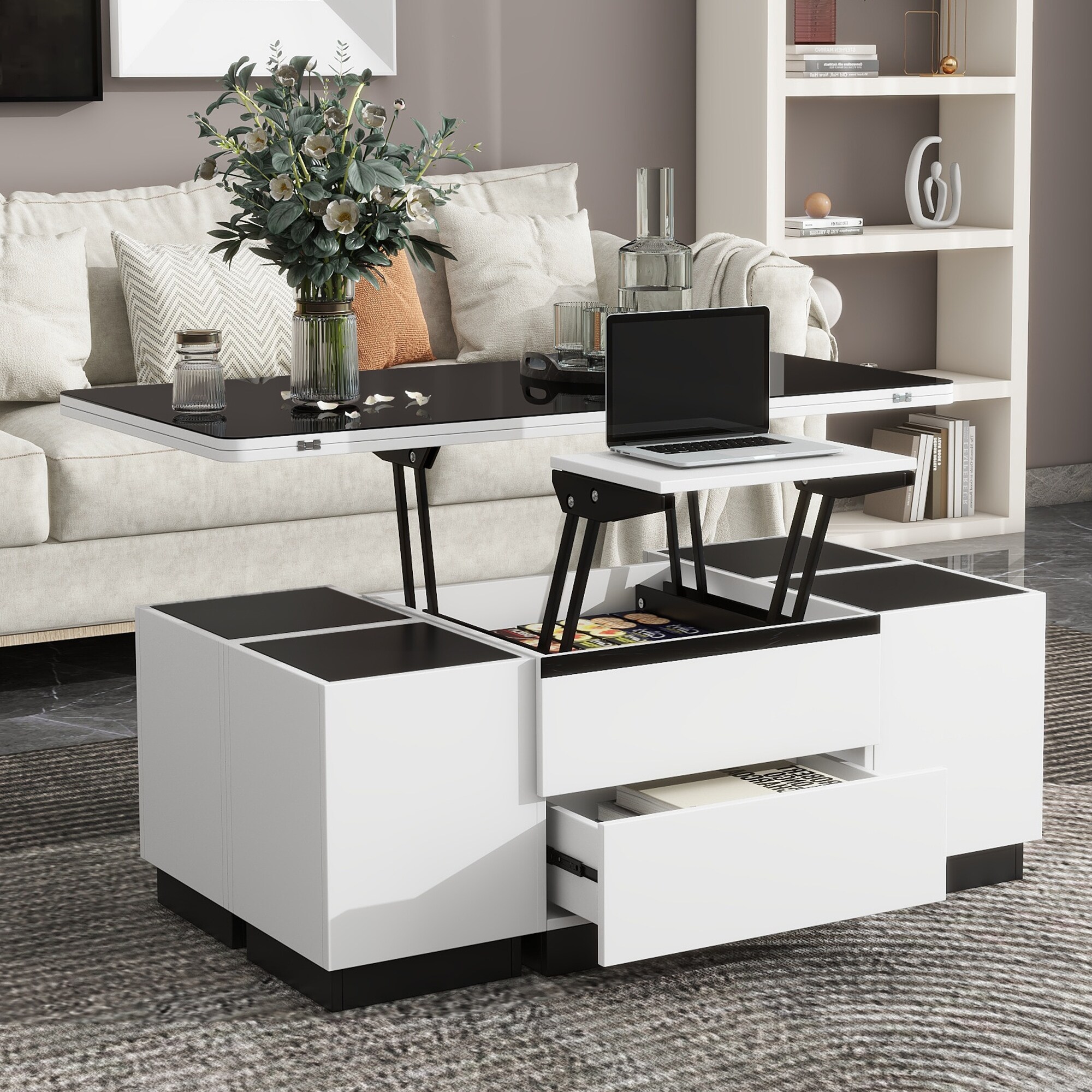 Multifunctional lift top coffee table shop with storage stools and wheels