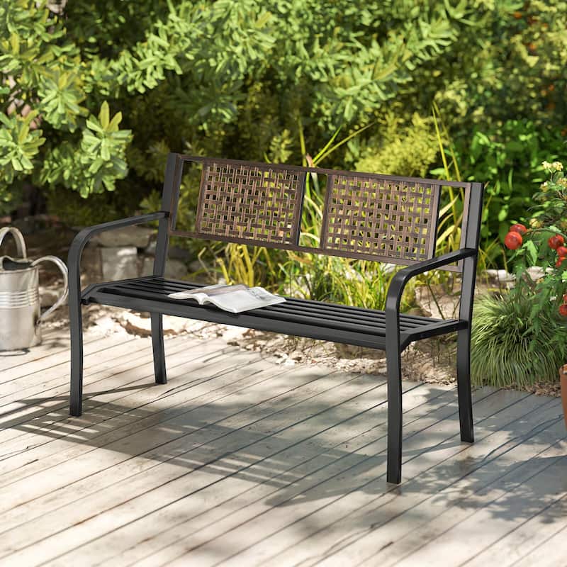 Costway 50" Outdoor Metal Park Bench with Rattan-Like Backrest & - See Details - Black