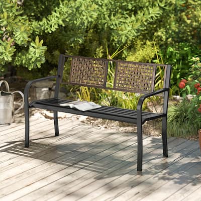 Costway 50" Outdoor Metal Park Bench with Rattan-Like Backrest & - See Details