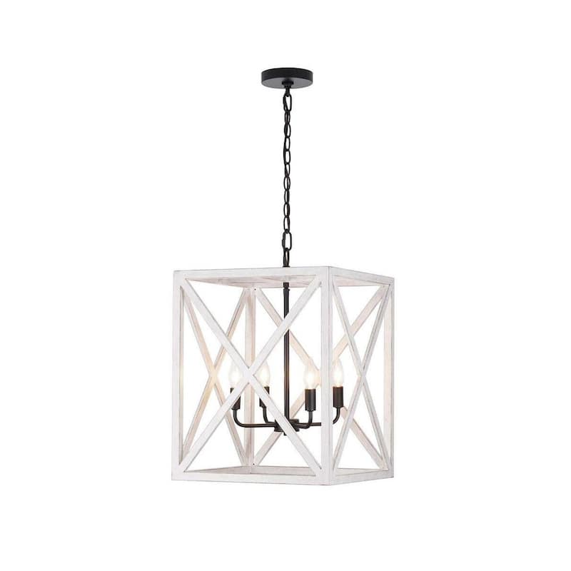 Alsy 16"W 4-Light Distressed White Caged Large Pendant Chandelier Light Fixture, French Country Style - Distressed White