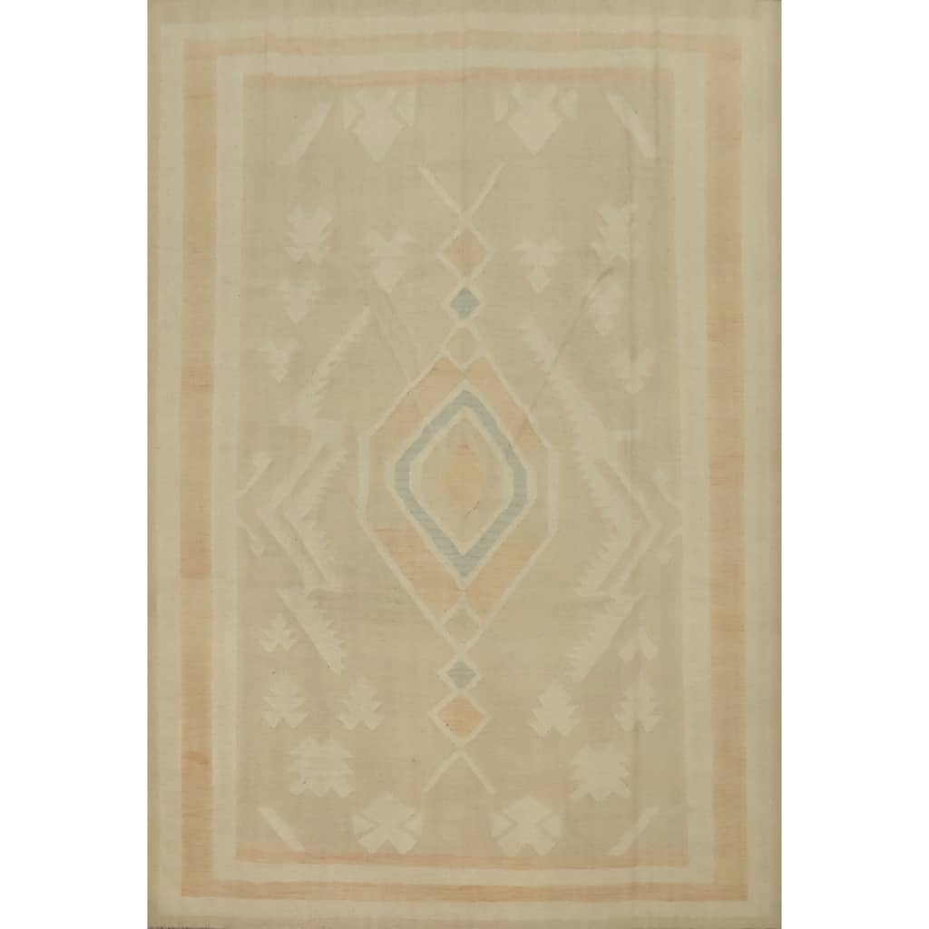 Hand Woven Oriental 100% Wool Carpet Southwestern Tribal Beige & Ivories Kilim Area Rug - 9' 7'' X 8' 0''