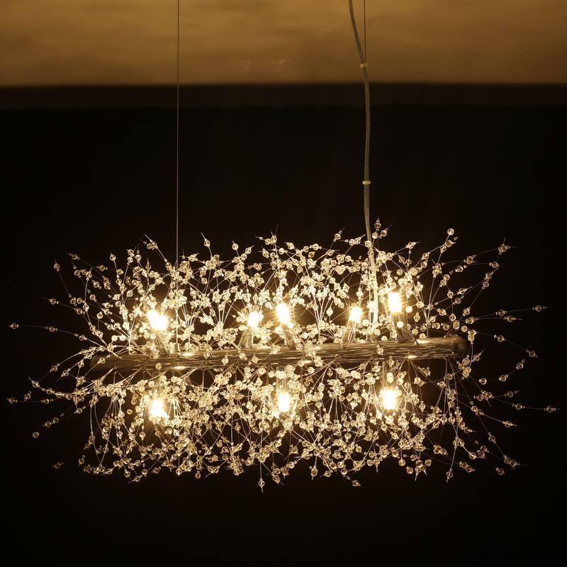 9/12-Light Linear Sputnik Crystal Beaded Pendant Light Firework Starburst Crystal Chandelier for Dining Room