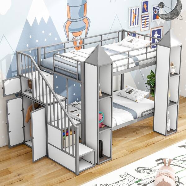 slide 2 of 15, Castle-Shaped Metal Twin over Twin Bunk Bed with Wardrobe, Storage Staircase, and Open Cabinets, White+Grey Grey
