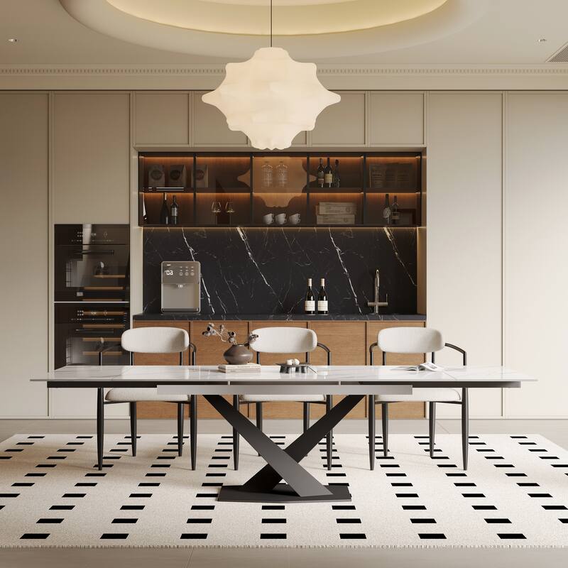 9 - Piece 94.48'' Modern Minimalist Extendable Sintered Stone Top Dining Set with 8 Fabric Chairs