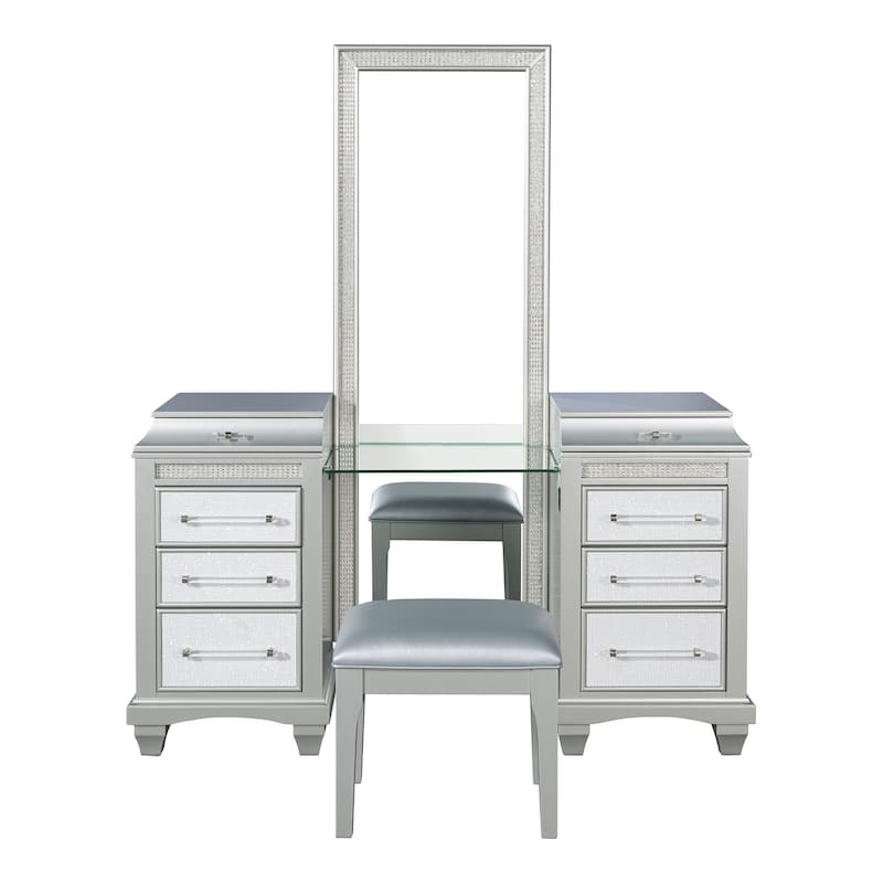 Furniture of America Gala Glam 2-Piece Silver 8-Drawer Vanity Set with LED Light and Full-Length Mirror