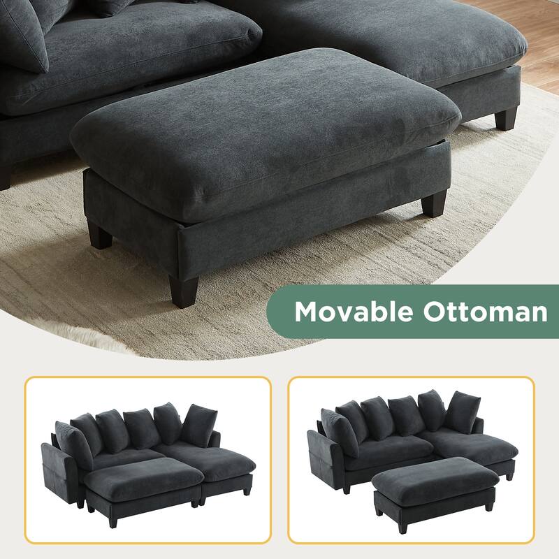 Chenille Sectional Sofa L-shaped Sofa with Movable Ottoman, Upholstered Sectional Sofa with 6 Throw Pillows, Bottom storage