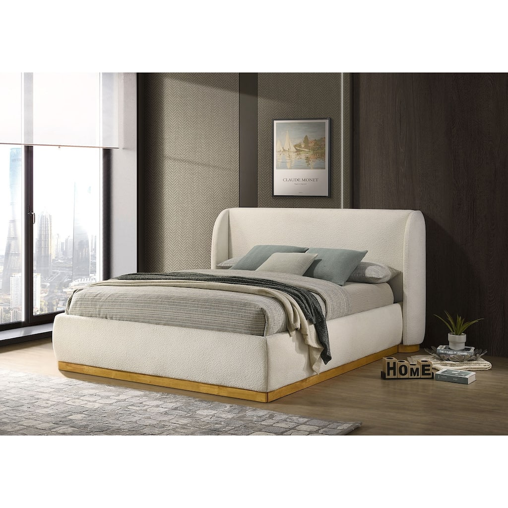 Contemporary White Boucle Fabric Upholstered 1pc Wingback Bed