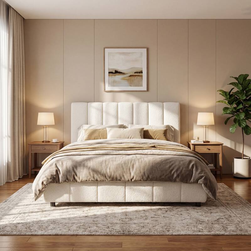 Christopher Knight Home - Modern Boucle Upholstered Platform Bed with Vertical Tufted Headboard - Queen