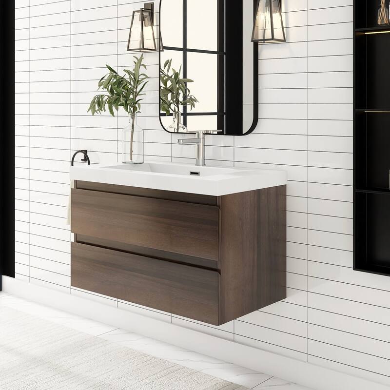 MDF Wall-Mounted Bathroom Vanity Set in Grey Oak with Integrated Culture Marble Sink
