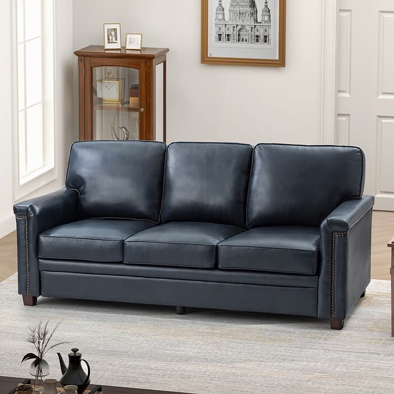 Rita Transitional Living Room 3-Seat Genuine Leather Nailhead Sofa with Solid Wood Legs and Removable Cushions