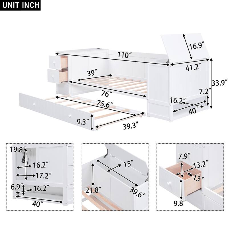 Twin Size Daybed with Storage, Trundle, and Charging Station in White