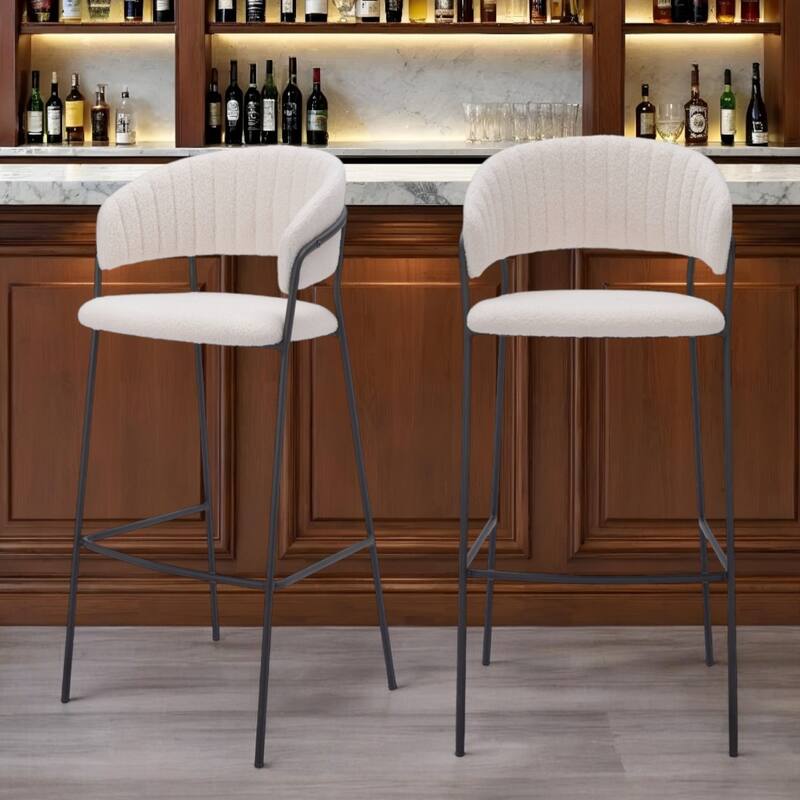Set of 2 Bar Height Cream Upholstered Bar Chairs with Armrests Bucket Seat and Footrest Support - 39.4”H x 20.9”W x 21.3”D
