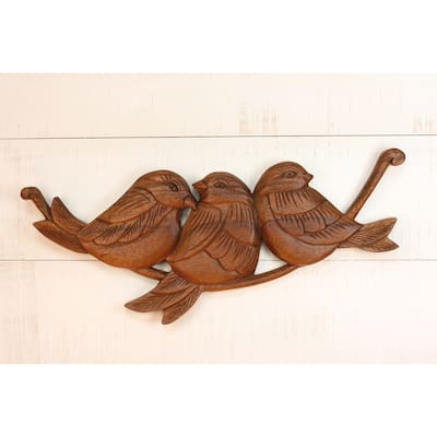 15" Wood Three Birds Wall Panel - Hand Carved Decorative Wall Art, Rustic Nature Home Decor