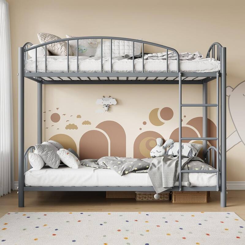 Bunk Bed Twin Over Twin with Stairs and Arched Guardrail for Bedroom and Small Space