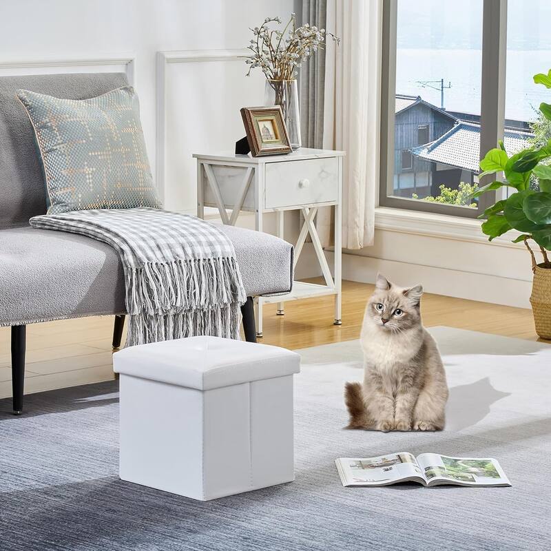 VECELO Folding Storage Ottoman, Bedroom Storage Bench, Versatile Footrest Footstool Tufted Faux Leather Chest for Living Room