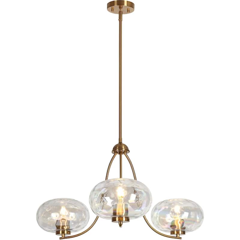 Mid-century Modern Gold 3-Light Chandelier with Textured Colored Art Glass Shade for Dining Room Bedroom - D 31" x H 14"