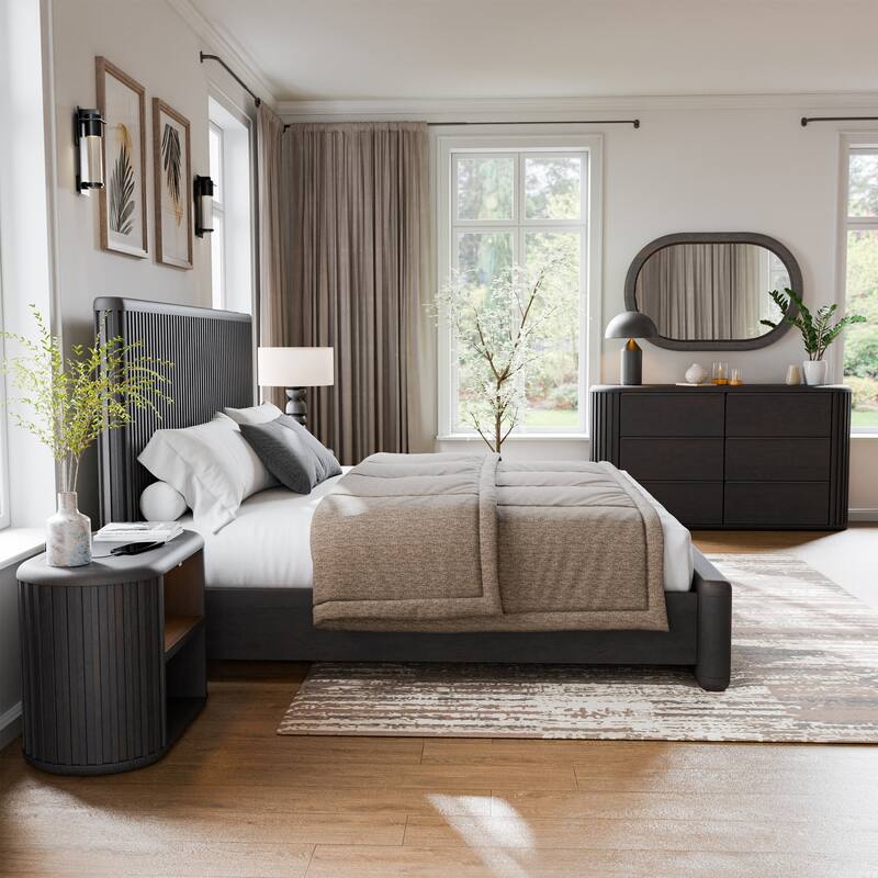 Furniture of America Caelan I Modern 5-Piece Black Solid Wood Fluted Panel Bedroom Set with Motion Light - King