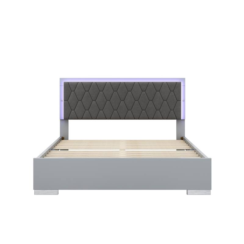 Queen Upholstered Platform Bed with LED & Velvet Headboard