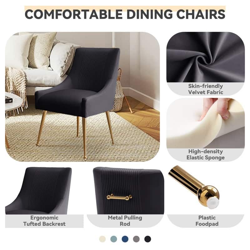 SEYNAR Modern Glam Boucle Pleated Velvet Dining Chair or Vanity Chair Set of 2 with Rear Handle
