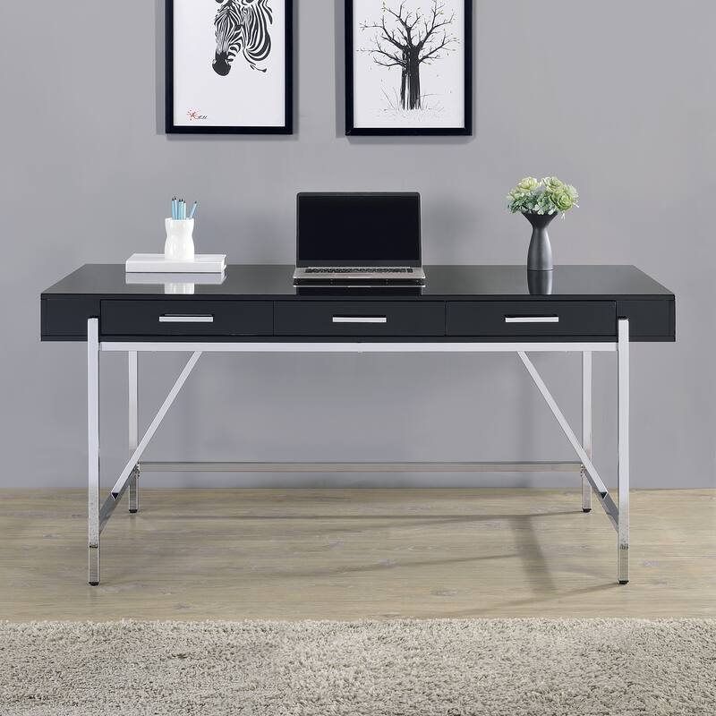 Broadway Black Gloss 64" Desk with 3 Drawers and Chrome Frame - Glossy/Chrome Finish - Black with Chrome