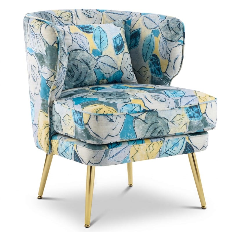 Mid Century Modern Upholstered Reading Chair with Lumbar Pillow, Gold Metal Legs, Small Space Friendly for Living Room Bedroom