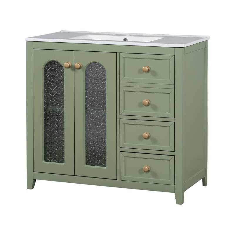 Bathroom Vanity with Ceramic Sink, Bathroom Cabinet with 2 Glass Door and 3 Drawers, Vanity Set with Adjustable Shelf