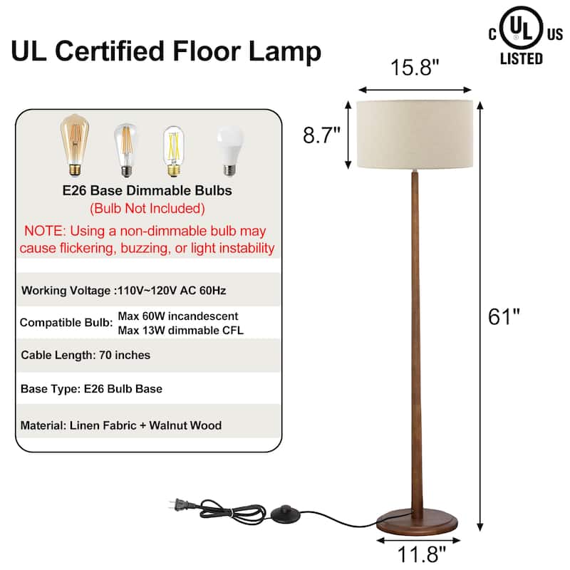 61" Walnut Wood Floor Lamp with Linen Drum Shade, Standing Lamp with Foot Step ON/OFF Switch (Bulb Not Included)