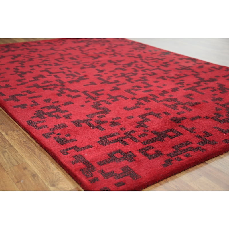 Modern Indian Area Rug Contemporary Handmade Wool Carpet - 5'3" x 7'7" - 5'3" x 7'7" - Red