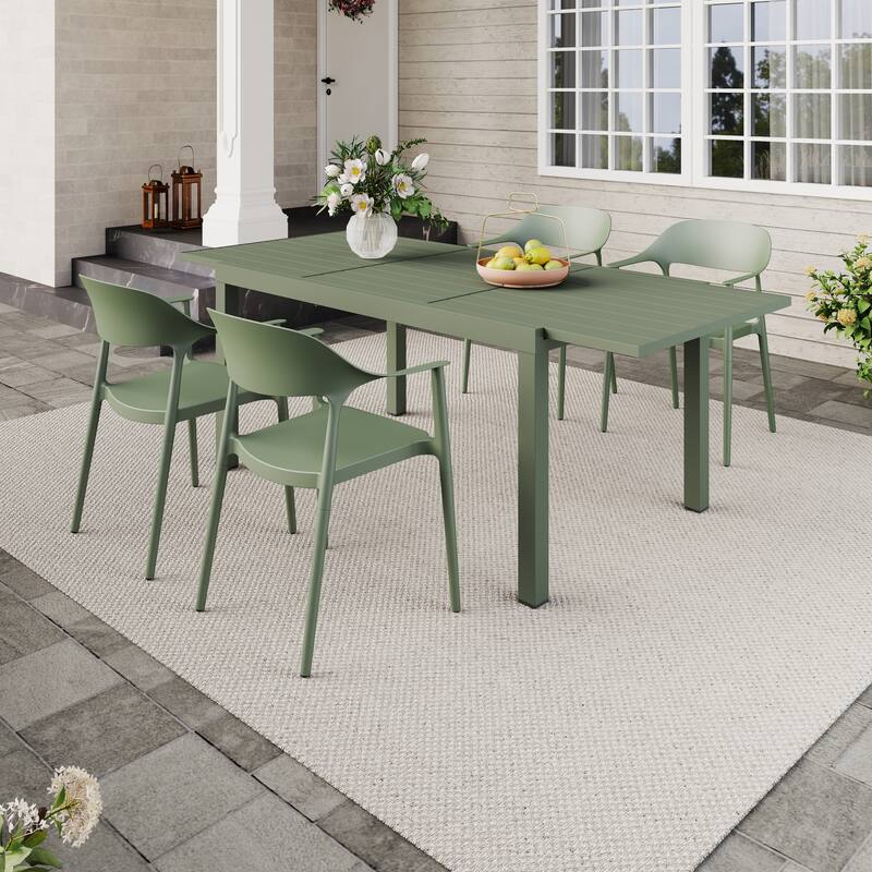 Outdoor Dining Set 5-Piece Stackable Plastic Lightweight Curved Backrest Armchair and Extendable Dining Table - Green chair & Light green table